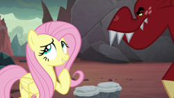 Size: 1920x1080 | Tagged: safe, screencap, character:fluttershy, character:garble, species:dragon, species:pegasus, species:pony, episode:sweet and smoky, g4, my little pony: friendship is magic, bongos, dragon lands, drums, fangs, female, folded wings, glare, male, mare, musical instrument, raised eyebrow, raised hoof, squint, wings