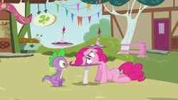 Size: 1280x720 | Tagged: safe, screencap, character:pinkie pie, character:spike, species:dragon, species:earth pony, species:pony, episode:too many pinkie pies, g4, my little pony: friendship is magic, baby, baby dragon, claws, crouching, depressed, duo, female, floppy ears, head down, head on table, male, mare, ponyville, sad, sign, table