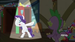 Size: 1280x720 | Tagged: safe, screencap, character:rarity, character:spike, species:dragon, species:pony, species:unicorn, episode:dragon dropped, g4, my little pony: friendship is magic, dab, dramatic, dramatic lighting, dramatic pose, female, food, ice cream, male, mare, marshmelodrama, spotlight, winged spike