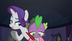 Size: 1920x1080 | Tagged: safe, screencap, character:rarity, character:spike, species:dragon, species:pony, species:unicorn, episode:dragon dropped, g4, my little pony: friendship is magic, biting, female, lidded eyes, male, mare, out of context, tongue bite