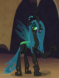 Size: 421x550 | Tagged: safe, screencap, character:queen chrysalis, species:changeling, episode:frenemies, g4, my little pony: friendship is magic, changeling queen, cropped, crown, female, jewelry, needs more jpeg, open mouth, raised hoof, regalia, solo