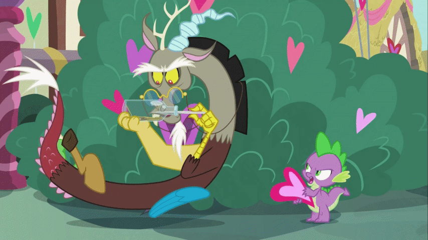 Size: 854x480 | Tagged: safe, screencap, character:discord, character:spike, species:draconequus, episode:the break up break down, animated, bottle, glasses, heart, raised eyebrow, ship in a bottle