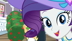 Size: 1920x1080 | Tagged: safe, screencap, character:applejack, character:rarity, episode:camping must-haves, g4, my little pony:equestria girls, close-up, clothing, cute, dresser, extreme close up, female, happy, hat, looking at you, open mouth, photobomb, raribetes, rarity's bedroom, sleeping bag, smiling