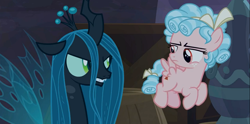 Size: 1366x678 | Tagged: safe, screencap, character:cozy glow, character:queen chrysalis, episode:the summer sun setback, g4, my little pony: friendship is magic, cozy glow is not amused, foal, queen chrysalis is not amused, unamused