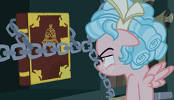 Size: 1234x704 | Tagged: safe, screencap, character:cozy glow, species:pegasus, species:pony, episode:the summer sun setback, g4, my little pony: friendship is magic, book, chains, cozy glow is not amused, female, filly, foal, solo, unamused