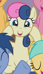 Size: 350x596 | Tagged: safe, screencap, character:blues, character:bon bon, character:caramel, character:noteworthy, character:sunshower raindrops, character:sweetie drops, species:pony, episode:the summer sun setback, g4, my little pony: friendship is magic, adorabon, amused, bon bon is amused, cropped, cute