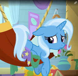 Size: 524x516 | Tagged: safe, screencap, character:trixie, species:pony, species:unicorn, episode:a horse shoe-in, g4, my little pony: friendship is magic, cropped, cute, diatrixes, female, hammock, mare, sad, sadorable, solo, trixie's wagon