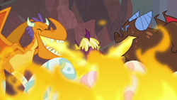 Size: 1280x720 | Tagged: safe, screencap, species:dragon, episode:sweet and smoky, g4, my little pony: friendship is magic, billy (dragon), clump, dragon egg, egg, eyes closed, fire, fire breath, fume, male, spear (dragon), teenaged dragon, trio