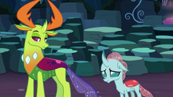 Size: 1366x768 | Tagged: safe, screencap, character:ocellus, character:thorax, character:tree of harmony, species:changedling, species:changeling, species:reformed changeling, episode:uprooted, g4, my little pony: friendship is magic, cave of harmony, changeling king, deadpan expression, displeased, duo, female, frown, horns, lidded eyes, male, teenager, thorax is not amused, tree of harmony