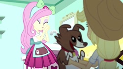 Size: 1918x1080 | Tagged: safe, screencap, character:applejack, character:fluttershy, character:winona, species:dog, episode:pet project, eqg summertime shorts, g4, my little pony:equestria girls, clothing, cowboy hat, cute, female, freckles, hat, pleated skirt, skirt, stetson