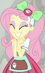 Size: 423x684 | Tagged: safe, screencap, character:fluttershy, episode:good vibes, eqg summertime shorts, g4, my little pony:equestria girls, ^^, apron, bow, clothing, cropped, cute, dawwww, eyes closed, female, hairband, hairclip, happy, paw prints, pleated skirt, shirt, short sleeves, shyabetes, skirt, smiling, solo