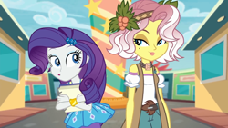 Size: 1920x1080 | Tagged: safe, screencap, character:rarity, character:vignette valencia, equestria girls:rollercoaster of friendship, g4, my little pony:equestria girls, :o, beauty mark, bracelet, duo, duo female, equestria land, female, holly, jewelry, notebook, open mouth, vignette valencia