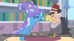 Size: 1280x720 | Tagged: safe, screencap, character:grampa gruff, character:trixie, species:griffon, species:pony, species:unicorn, episode:a horse shoe-in, g4, my little pony: friendship is magic, duo, female, male, mare, quadrupedal, subtitles, yelling