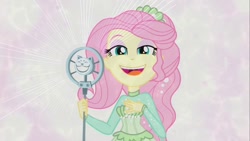 Size: 1280x720 | Tagged: safe, screencap, character:fluttershy, episode:so much more to me, g4, my little pony:equestria girls, eyeshadow, lidded eyes, looking at you, makeup, open mouth, photo, singing, smiling, solo