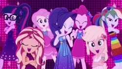 Size: 1280x720 | Tagged: safe, screencap, character:applejack, character:fluttershy, character:pinkie pie, character:rainbow dash, character:rarity, character:sunset shimmer, character:twilight sparkle, character:twilight sparkle (scitwi), species:eqg human, episode:i'm on a yacht, g4, my little pony:equestria girls, geode of telekinesis, humane five, humane seven, humane six, magical geodes, neon eg logo, photo
