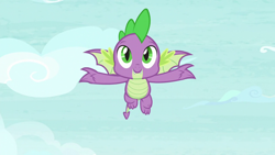 Size: 1280x720 | Tagged: safe, screencap, character:spike, species:dragon, episode:father knows beast, g4, my little pony: friendship is magic, baby, baby dragon, claws, cloud, cute, fangs, flying, male, sky, slit eyes, solo, spikabetes, spread wings, toes, winged spike, wings