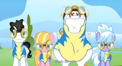 Size: 1581x865 | Tagged: safe, screencap, character:bulk biceps, character:cloudchaser, character:meadow flower, character:starry eyes, episode:wonderbolts academy, milky way, roid rage, wonderbolt trainee uniform, youtube caption, youtube link