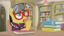 Size: 1600x900 | Tagged: safe, screencap, character:a.k. yearling, species:pegasus, species:pony, episode:daring doubt, g4, my little pony: friendship is magic, book, bookshelf, cape, clothing, female, glasses, library, mare, shelf, sitting, solo