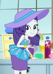 Size: 777x1075 | Tagged: safe, screencap, character:rarity, episode:camping must-haves, g4, my little pony:equestria girls, beautiful, bracelet, clothing, cosmetics, cropped, dresser, geode of shielding, hat, jewelry, looking at you, lotion, magical geodes, pencil skirt, rarity's bedroom, skirt, smiling, window