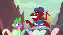 Size: 1280x720 | Tagged: safe, screencap, character:garble, character:spike, species:dragon, episode:sweet and smoky, g4, my little pony: friendship is magic, beret, bongos, clothing, dragon egg, egg, hat, shirt, striped shirt