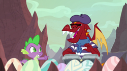 Size: 1920x1080 | Tagged: safe, screencap, character:garble, character:spike, species:dragon, episode:sweet and smoky, g4, my little pony: friendship is magic, beret, clothing, dragon egg, duo, hat, male, shirt, striped shirt