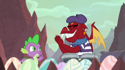Size: 1920x1080 | Tagged: safe, screencap, character:garble, character:spike, species:dragon, episode:sweet and smoky, g4, my little pony: friendship is magic, beret, bongos, clothing, dragon egg, duo, eyes closed, hat, male, shirt, striped shirt