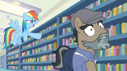 Size: 1600x900 | Tagged: safe, screencap, character:doctor caballeron, character:rainbow dash, species:earth pony, species:pegasus, species:pony, episode:daring doubt, g4, my little pony: friendship is magic, bookshelf, bookstore, caught, ceiling light, clothing, disguise, fake beard, female, flat cap, groom q.q. martingale, hat, jacket, library, male, mare, martingale, newsboy hat, pants, pointing, shelf, stallion