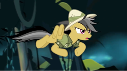 Size: 1600x902 | Tagged: safe, screencap, character:daring do, species:pony, episode:daring doubt, g4, my little pony: friendship is magic, clothing, flying, hat, pith helmet, shirt, solo