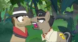 Size: 1600x866 | Tagged: safe, screencap, character:biff, character:doctor caballeron, species:pony, episode:daring doubt, g4, my little pony: friendship is magic, accidental boop, angry, boop, clothing, fedora, hat, henchmen, jungle, noseboop, yelling