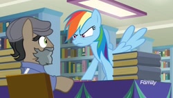 Size: 1920x1080 | Tagged: safe, screencap, character:doctor caballeron, character:rainbow dash, species:earth pony, species:pegasus, species:pony, episode:daring doubt, g4, my little pony: friendship is magic, book, bookshelf, clothing, disguise, fake beard, flat cap, george r.r. martin, groom q.q. martingale, hat, martingale