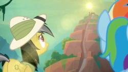 Size: 1600x900 | Tagged: safe, screencap, character:daring do, character:rainbow dash, species:pegasus, species:pony, episode:daring doubt, g4, my little pony: friendship is magic, female, glare, looking up, mare, sky, stairs, sun glare, sunrise, temple, worm's eye view