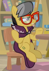 Size: 583x854 | Tagged: safe, screencap, character:a.k. yearling, character:daring do, species:pegasus, species:pony, episode:daring doubt, g4, my little pony: friendship is magic, book, bookshelf, chair, croppred, disguise, glasses, sitting, solo