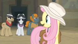 Size: 1600x900 | Tagged: safe, screencap, character:biff, character:fluttershy, character:rogue, character:withers, species:pony, episode:daring doubt, g4, my little pony: friendship is magic, clothing, fedora, hat, henchmen, saddle bag, sideburns, sun hat, sunglasses