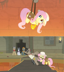 Size: 1600x1788 | Tagged: safe, screencap, character:biff, character:doctor caballeron, character:fluttershy, character:rogue, character:withers, species:pony, episode:daring doubt, g4, my little pony: friendship is magic, clothing, fedora, hanging, hat, henchmen, lava pit, pulling, rescue, saddle bag, sunglasses, temple, torch, truth talisman