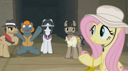 Size: 1600x898 | Tagged: safe, screencap, character:biff, character:doctor caballeron, character:fluttershy, character:rogue, character:withers, species:pony, episode:daring doubt, g4, my little pony: friendship is magic, cheering, clothing, fedora, happy, hat, henchmen, smiling, sunglasses, sunhat, truth talisman