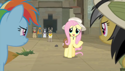 Size: 1600x900 | Tagged: safe, screencap, character:biff, character:daring do, character:doctor caballeron, character:fluttershy, character:rainbow dash, character:rogue, character:withers, species:pony, episode:daring doubt, g4, my little pony: friendship is magic, clothing, daring do safe, fedora, hat, henchmen, pith helmet, saddle bag, shirt, sun hat, sunglasses, suspicious, temple