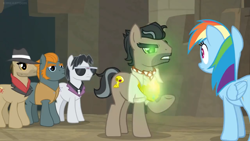 Size: 1600x900 | Tagged: safe, screencap, character:biff, character:doctor caballeron, character:rainbow dash, character:rogue, character:withers, species:pony, episode:daring doubt, g4, my little pony: friendship is magic, clothing, fedora, glow, glowing eyes, hat, henchmen, sunglasses, surprised, truth talisman