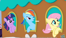 Size: 1070x620 | Tagged: safe, official, screencap, character:fluttershy, character:rainbow dash, character:twilight sparkle, species:pony, advertisement, commercial, faec, great moments in animation, train, weird