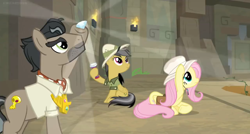 Size: 1600x860 | Tagged: safe, screencap, character:daring do, character:doctor caballeron, character:fluttershy, species:pony, episode:daring doubt, g4, my little pony: friendship is magic, clothing, diamond, female, flashlight (object), hat, light show, male, saddle bag, sun hat, temple, torch