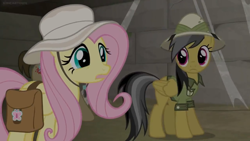 Size: 1600x900 | Tagged: safe, screencap, character:daring do, character:fluttershy, species:pony, episode:daring doubt, g4, my little pony: friendship is magic, clothing, dark, hat, pith helmet, saddle bag, shirt, spider web, sun hat