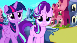 Size: 1920x1080 | Tagged: safe, screencap, character:starlight glimmer, character:twilight sparkle, character:twilight sparkle (alicorn), species:alicorn, species:pony, species:unicorn, episode:the times they are a changeling, g4, my little pony: friendship is magic, crystal empire, duo, duo female, female, lidded eyes, sad