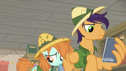 Size: 1920x1080 | Tagged: safe, screencap, character:endeavour, character:peach fuzz, species:earth pony, species:pegasus, species:pony, episode:daring doubt, g4, my little pony: friendship is magic, angry, annoyed, book, bookstore, chest hair, clothing, daring do costume, female, filly, hat, implied father and daughter, male, pith helmet, sad, stallion, wing hands, wings