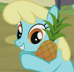 Size: 392x380 | Tagged: safe, screencap, character:sassaflash, species:pony, episode:trade ya, g4, my little pony: friendship is magic, background pony, cropped, female, food, holding, mare, pineapple, smiling, solo, that pony sure does love pineapples