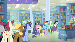 Size: 1920x1080 | Tagged: safe, screencap, character:biff, character:doctor caballeron, character:fluttershy, character:neigh sayer, character:november rain, character:pinot noir, character:rainbow dash, character:rogue, character:sugar maple, character:withers, species:earth pony, species:pegasus, species:pony, episode:daring doubt, g4, my little pony: friendship is magic, baseball cap, book, book signing, bookshelf, bookstore, butt, cap, clothing, discovery family logo, disguise, fake beard, female, flat cap, friendship student, glasses, groom q.q. martingale, hat, henchmen, male, mare, pants, saddle bag, scarf, shirt, stallion, sunglasses