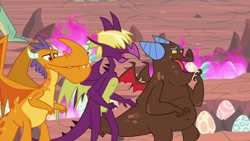 Size: 1280x720 | Tagged: safe, screencap, species:dragon, episode:sweet and smoky, g4, my little pony: friendship is magic, billy (dragon), clump, dragon egg, egg, fire, fume, lip bite, male, pink fire, spear (dragon), teenaged dragon, trio