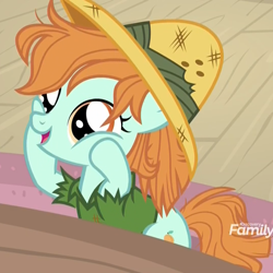Size: 1078x1078 | Tagged: safe, screencap, character:peach fuzz, species:earth pony, species:pony, episode:daring doubt, g4, my little pony: friendship is magic, cheek squish, clothing, cropped, cute, cutie, cutie mark, daring do costume, female, filly, foal, hat, messy mane, pith helmet, solo, squishy cheeks, too cute, torn clothes