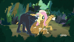 Size: 1920x1080 | Tagged: safe, screencap, character:fluttershy, species:pegasus, species:pony, episode:daring doubt, g4, my little pony: friendship is magic, ahuizotl's cats, animal, big cat, bobcat, cat, cheek squish, cheetah, clothing, cuddle puddle, cuddling, discovery family logo, eyes closed, female, hat, jungle, kitten, lynx, mare, nuzzling, panther, squishy cheeks, that pony sure does love animals