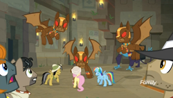 Size: 1920x1080 | Tagged: safe, screencap, character:ahuizotl, character:biff, character:daring do, character:doctor caballeron, character:fluttershy, character:rainbow dash, character:rogue, species:earth pony, species:gargoyle, species:pegasus, species:pony, episode:daring doubt, g4, my little pony: friendship is magic, discovery family logo, female, fight scene, guardiangoyle, henchmen, male, mare, stallion, temple
