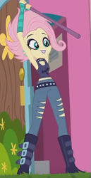 Size: 335x651 | Tagged: safe, screencap, character:fluttershy, episode:the road less scheduled, g4, my little pony:equestria girls, alternate hairstyle, armpits, choker, clothing, cropped, crystal skull staff, eyeshadow, flutterpunk, lipstick, makeup, midriff, ripped pants, solo, spiked choker, staff, tank top, the road less scheduled: fluttershy