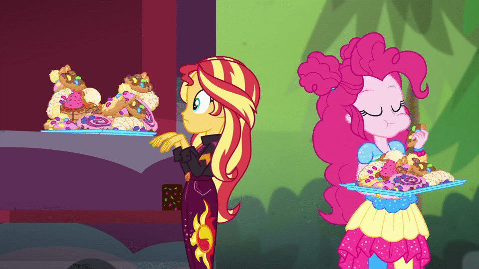 Size: 960x540 | Tagged: safe, screencap, character:pinkie pie, character:sunset shimmer, episode:wake up!, g4, my little pony:equestria girls, animated, belt, bread, cinnamon bun, clothing, croissant, dress, food, food stand, food truck, forest, frosting, gif, jacket, jeans, jelly beans, junk food, pants, pastry, sprinkles, starswirl music festival, this will end in diabetes, tray, tree, waffle, wake up!: pinkie pie